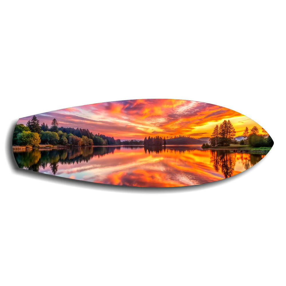 Fiery Lake Sunset Reflection Glass Wall Art.