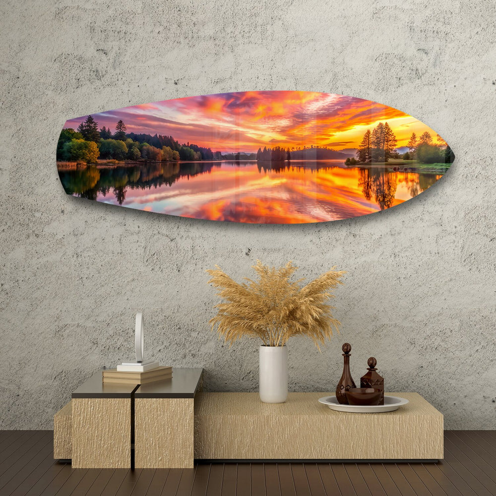 Fiery Lake Sunset Reflection Glass Wall Art.
