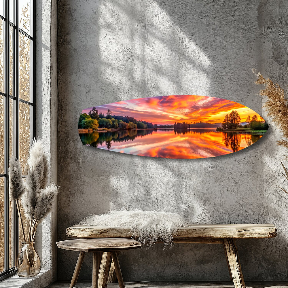 Fiery Lake Sunset Reflection Glass Wall Art.