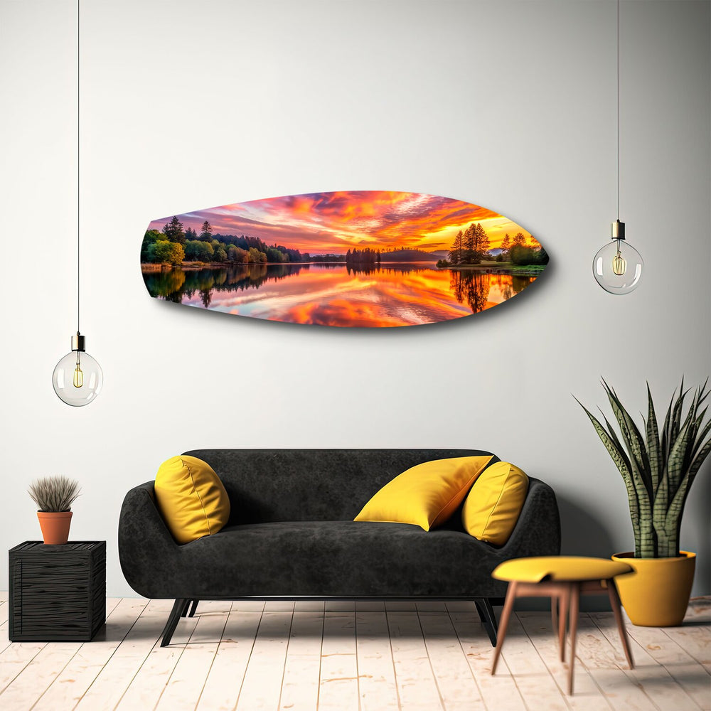 Fiery Lake Sunset Reflection Glass Wall Art.