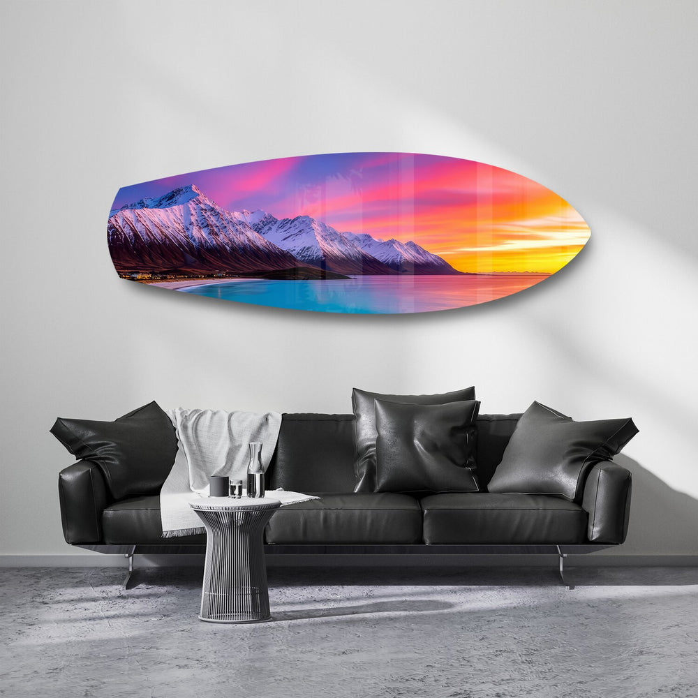 Snowy Mountains Pastel Sunset Glass Wall Art.