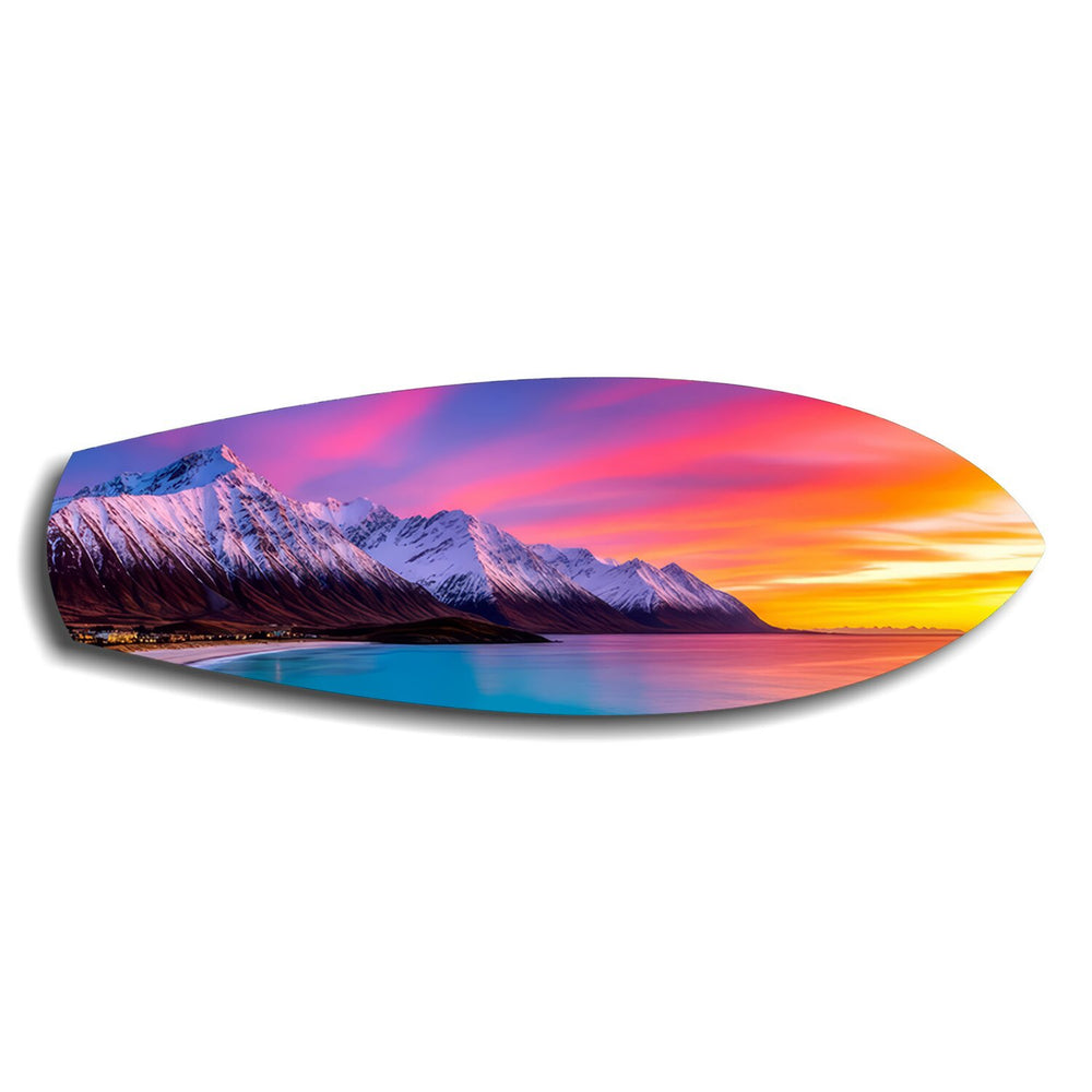 Snowy Mountains Pastel Sunset Glass Wall Art.
