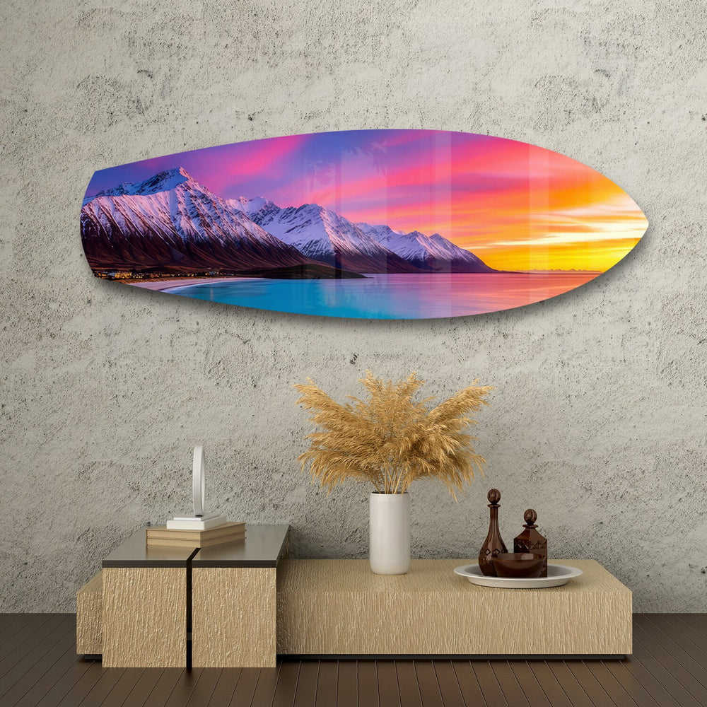Snowy Mountains Pastel Sunset Glass Wall Art.
