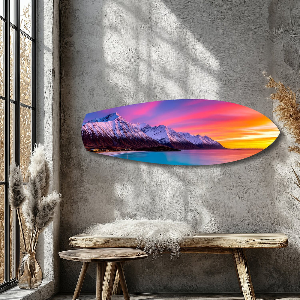 Snowy Mountains Pastel Sunset Glass Wall Art.