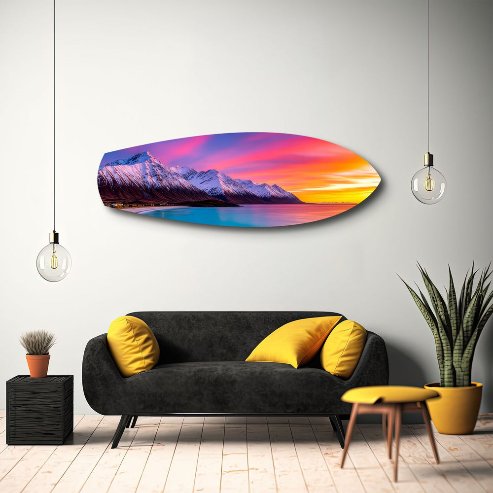 Snowy Mountains Pastel Sunset Glass Wall Art.