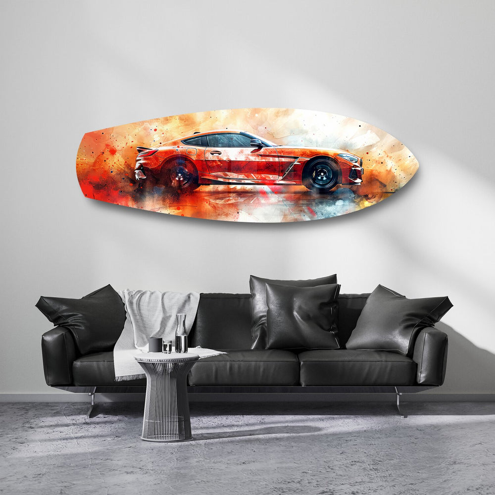 Orange Sports Car Watercolor Glass Wall Art.