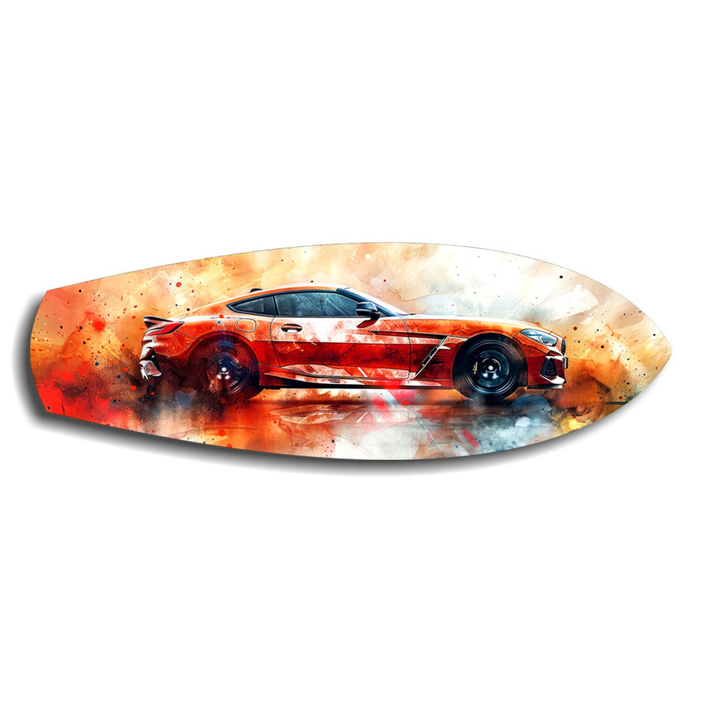 Orange Sports Car Watercolor Glass Wall Art.