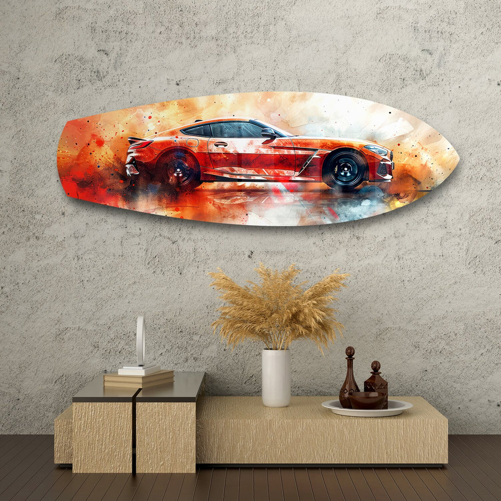 Orange Sports Car Watercolor Glass Wall Art.