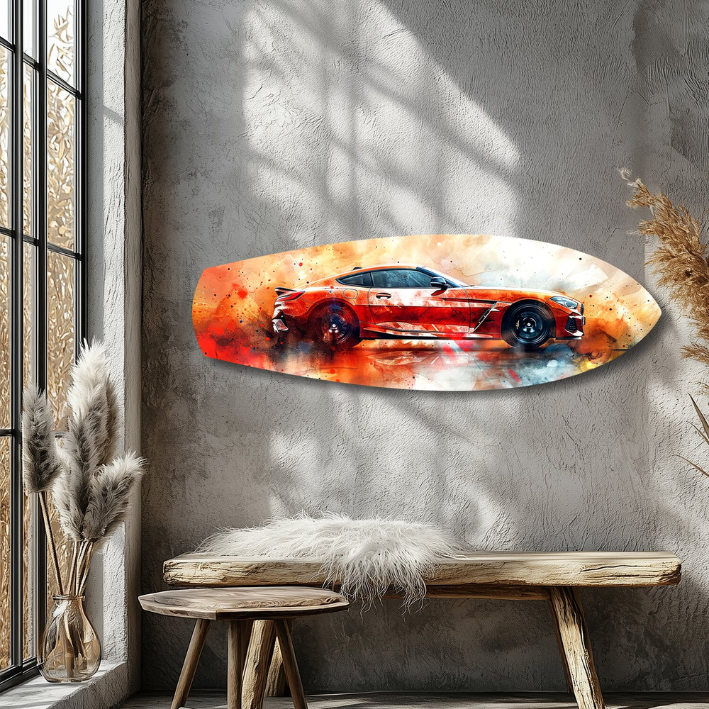Orange Sports Car Watercolor Glass Wall Art.