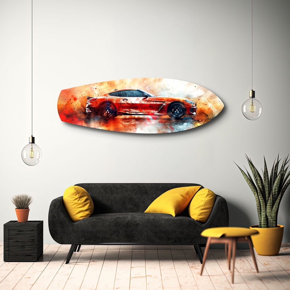 Orange Sports Car Watercolor Glass Wall Art.