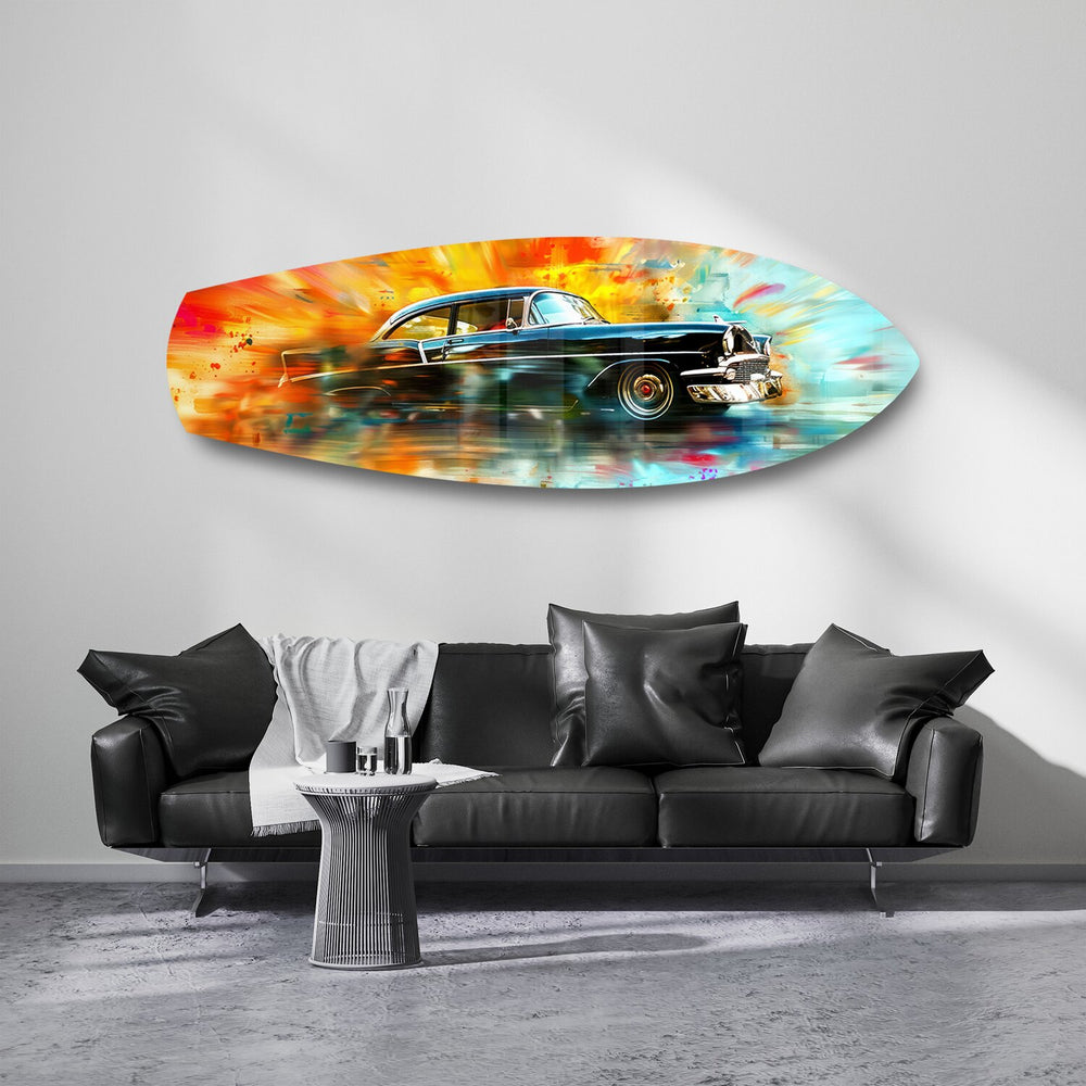 Classic Black Car Watercolor Glass Wall Art.