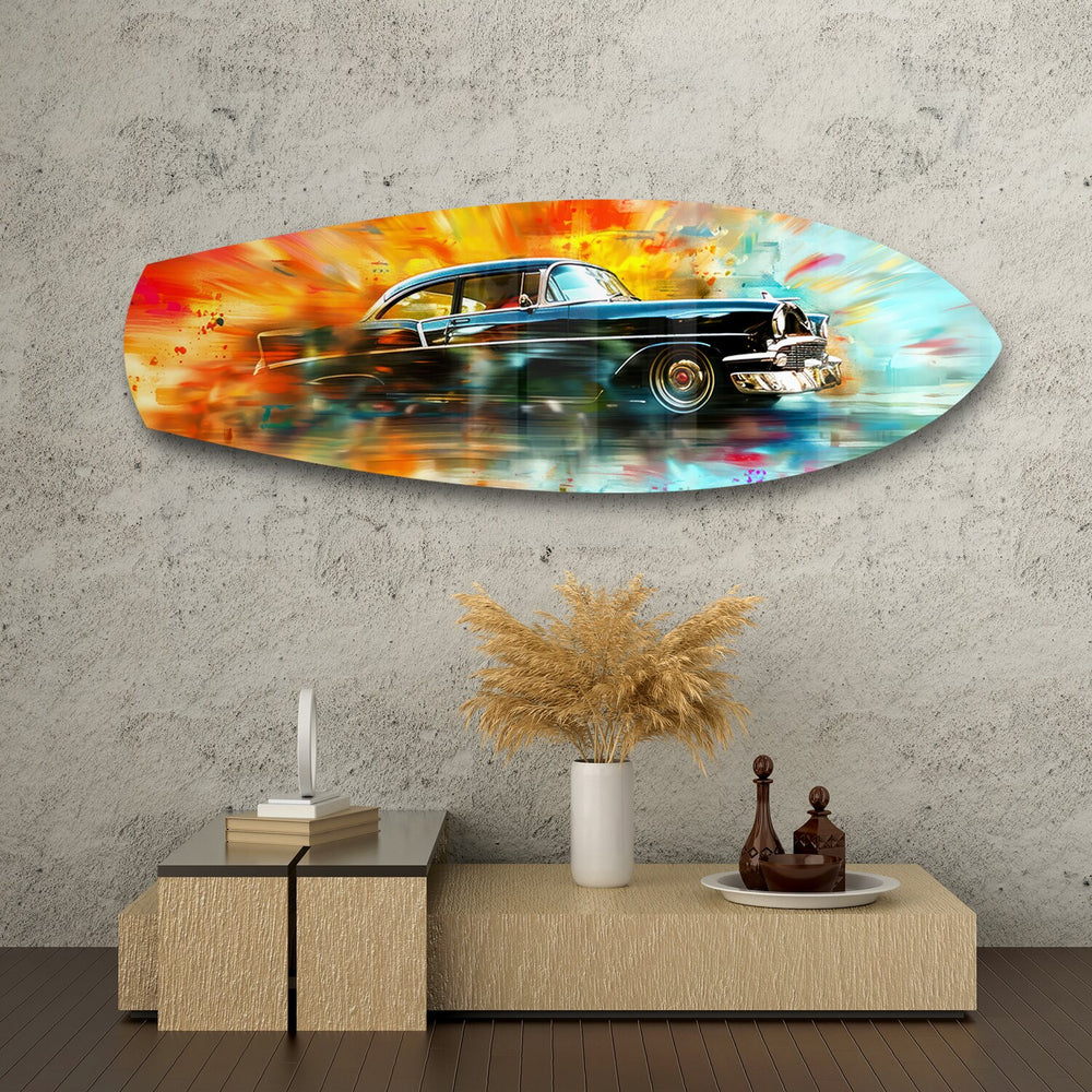 Classic Black Car Watercolor Glass Wall Art.