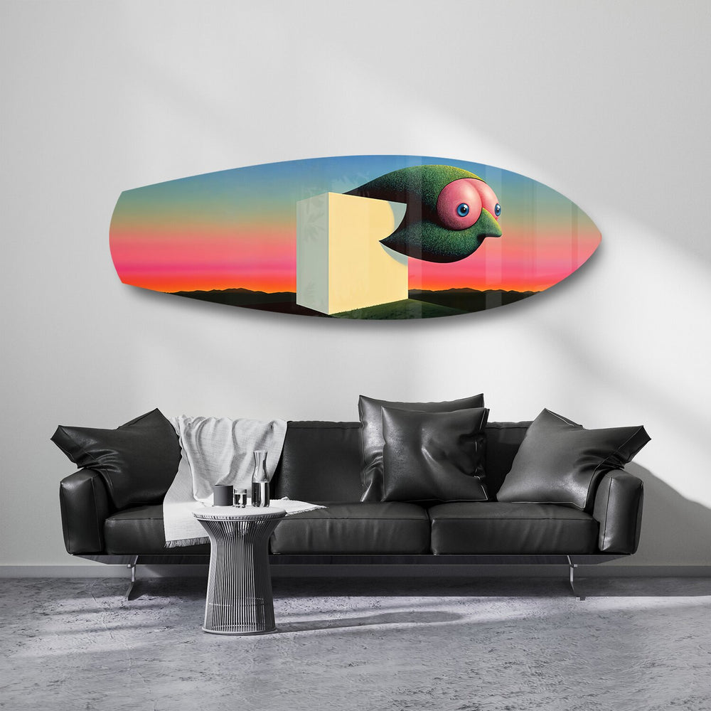 Surreal Bird Cube Sunset Glass Wall Art.