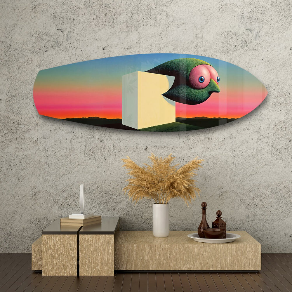 Surreal Bird Cube Sunset Glass Wall Art.