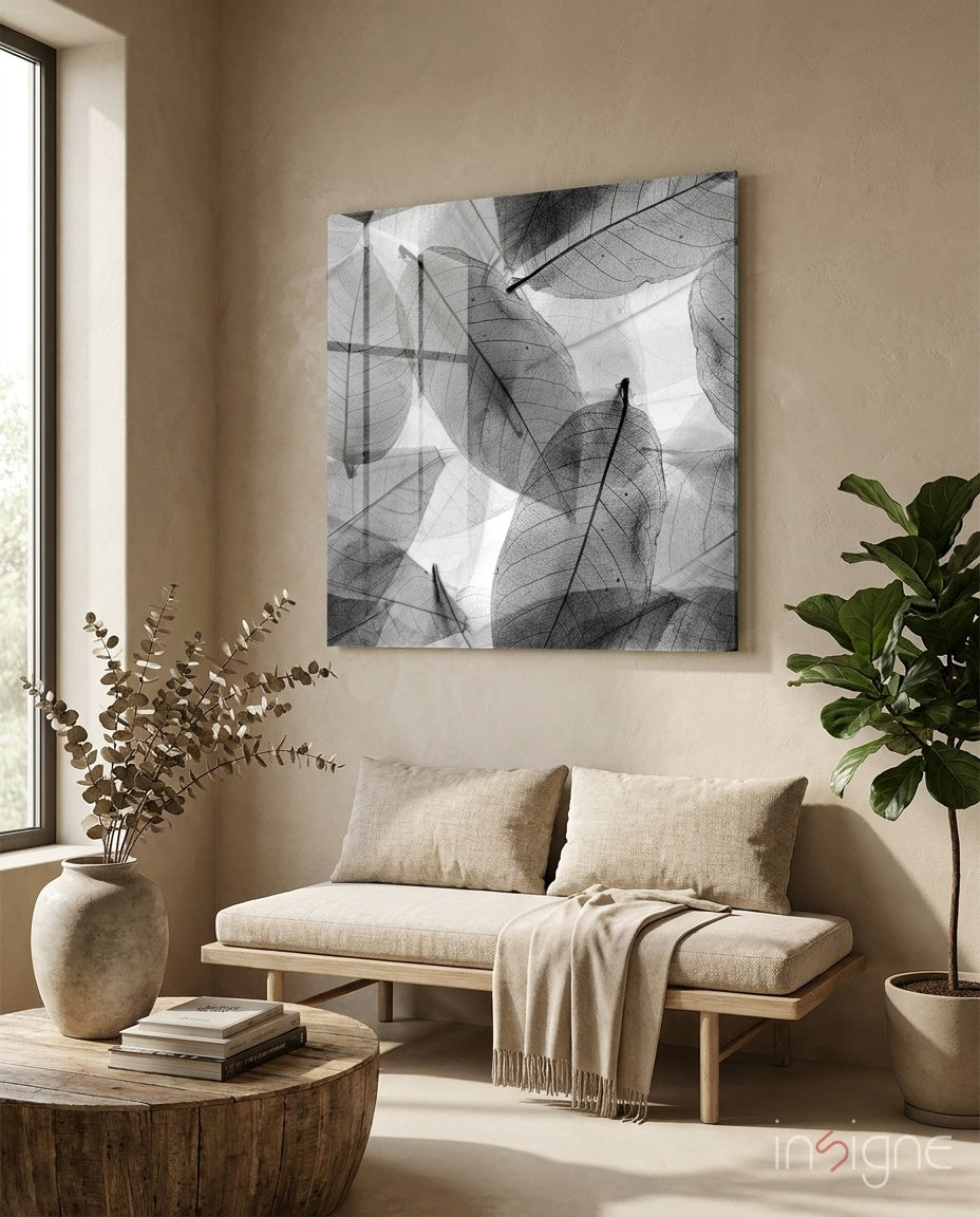 Black and White Leaves Glass Wall Art - Lifestyle preview in a designer interior