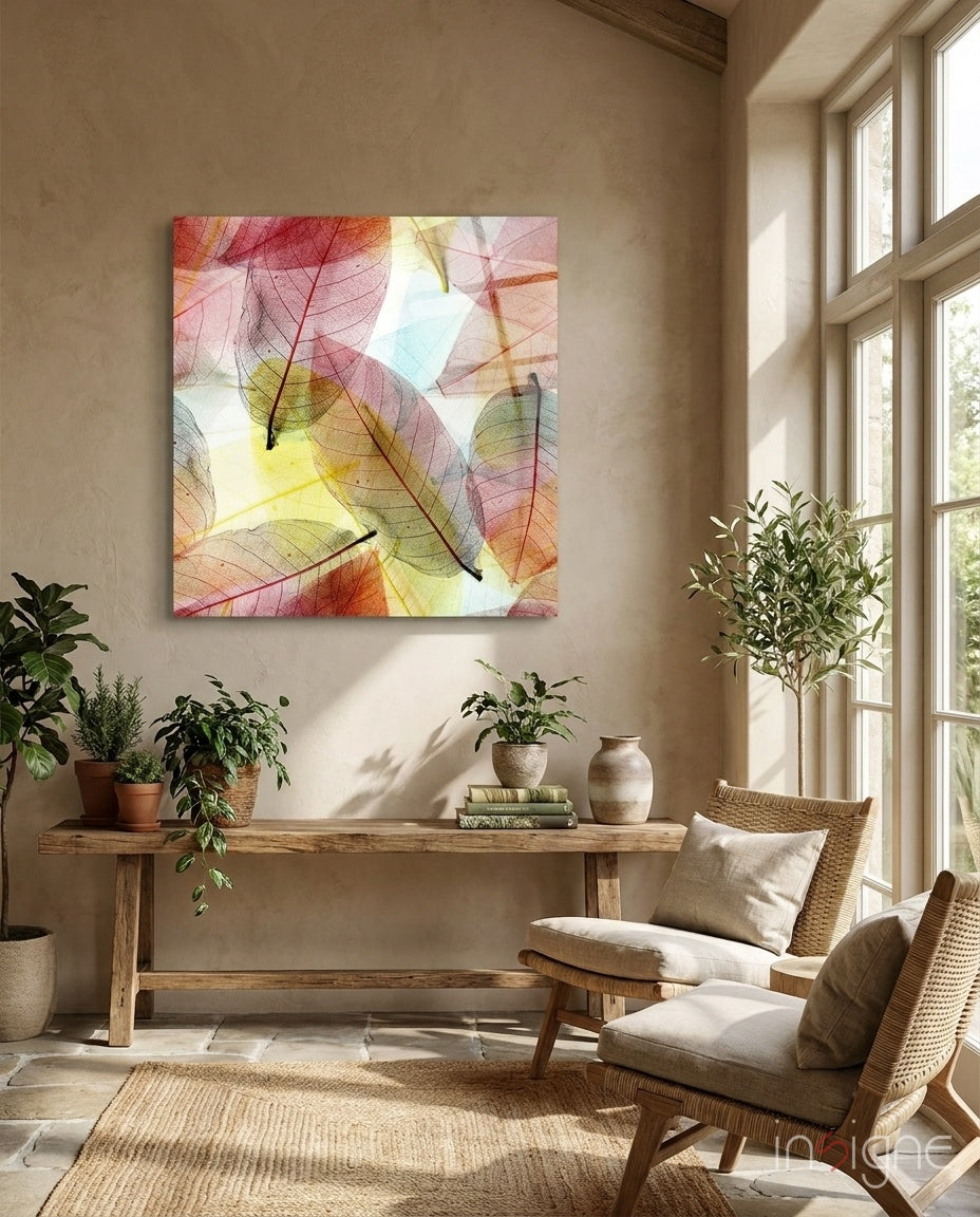 Colorful Leaves Glass Wall Art - Lifestyle preview in a designer interior