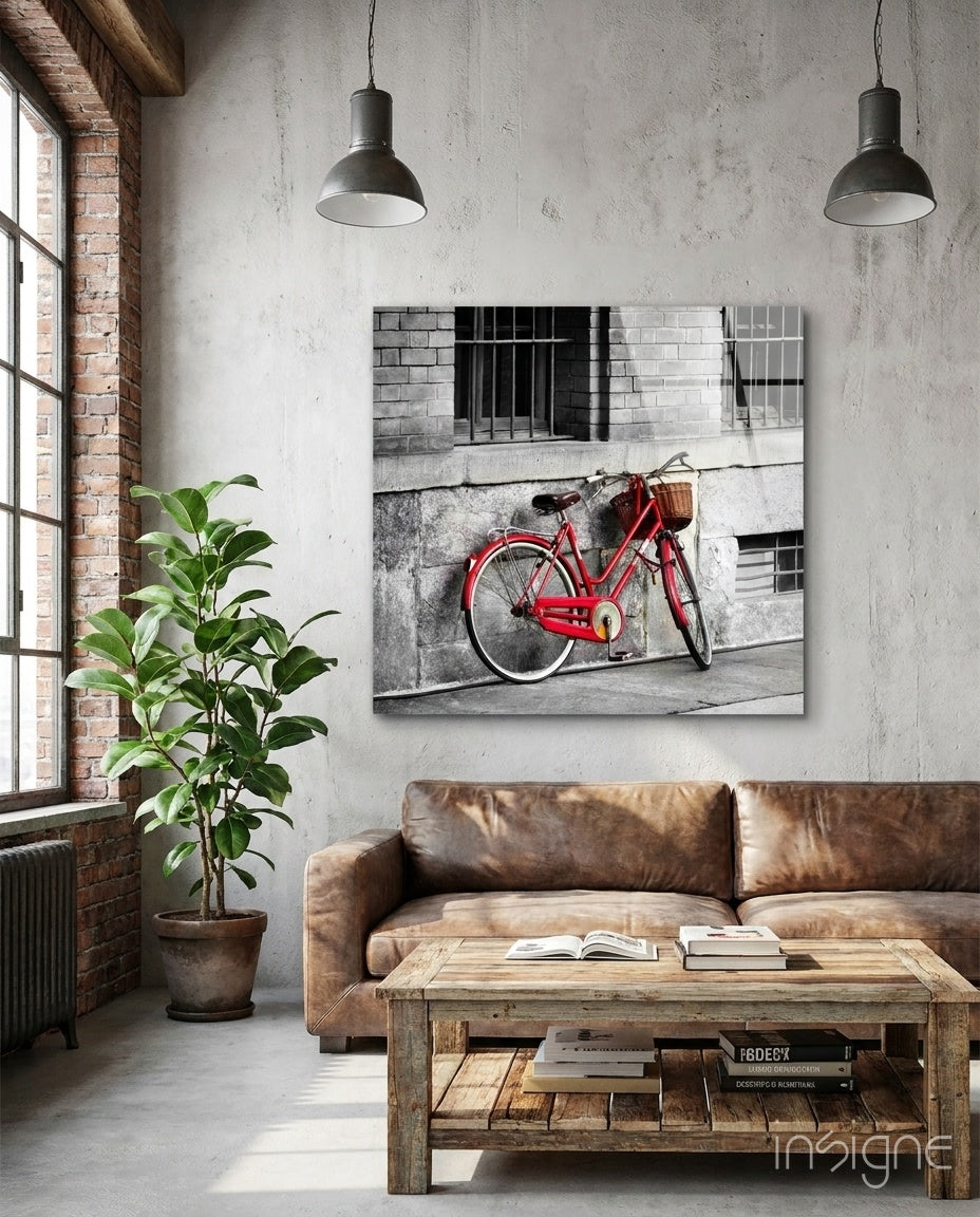 Red Bicycle Glass Wall Art - Lifestyle preview in a designer interior