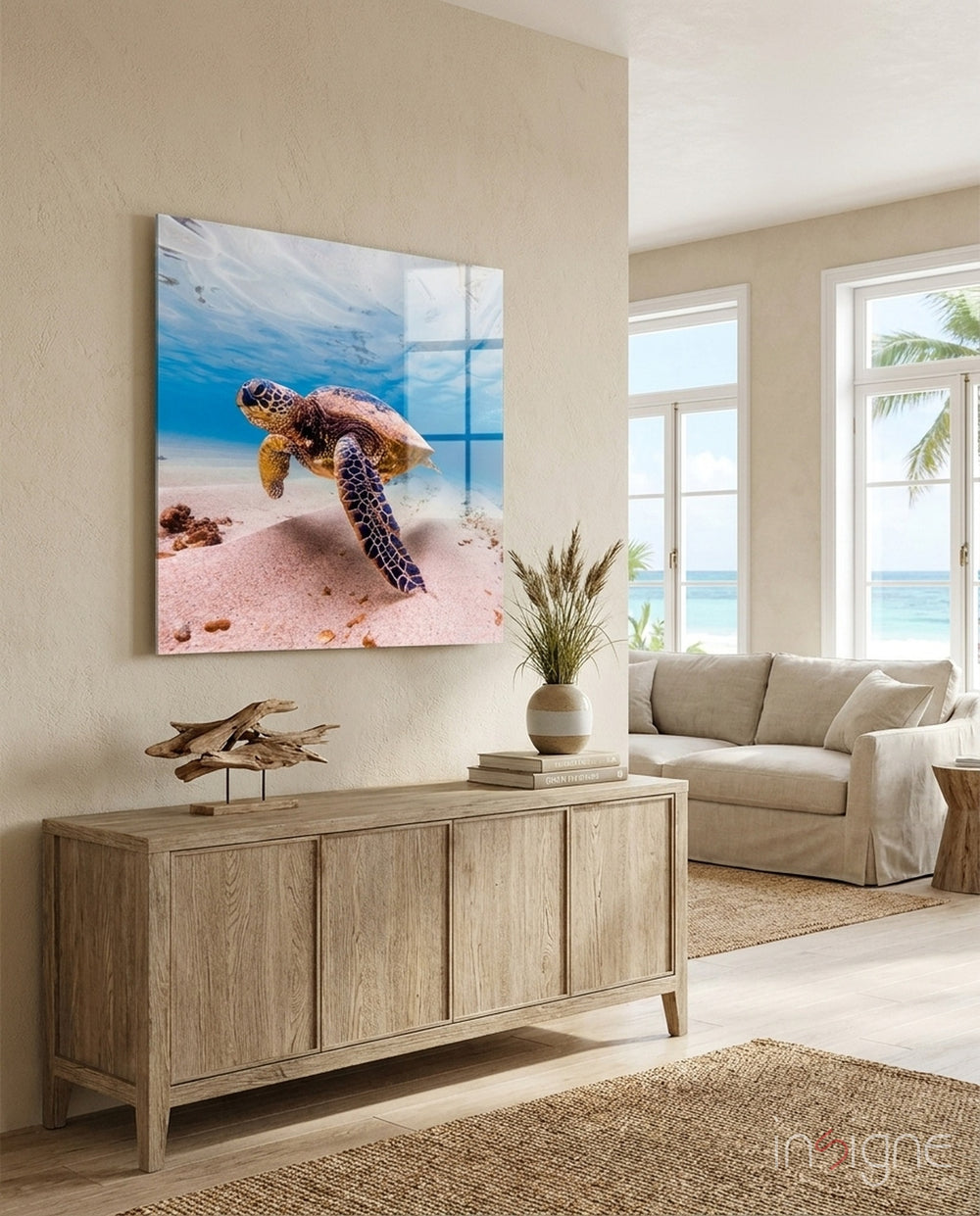 Sea Turtle Glass Wall Art - Lifestyle preview in a designer interior