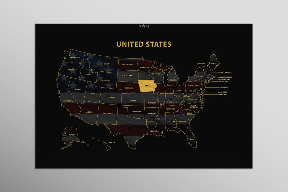 Iowa State Map — Haptic 3D Embossed Metal Wall Art rolled canvas preview D