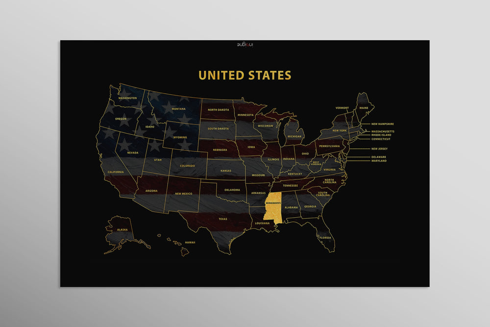Mississippi State Map — Haptic 3D Embossed Metal Wall Art rolled canvas preview D