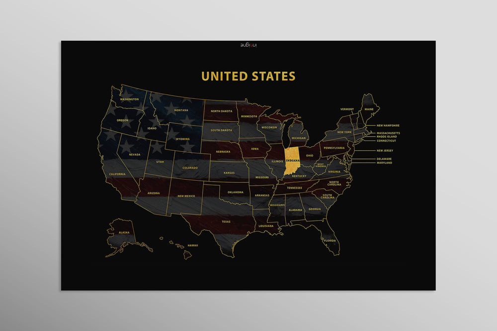 Indiana State Map — Haptic 3D Embossed Metal Wall Art rolled canvas preview D