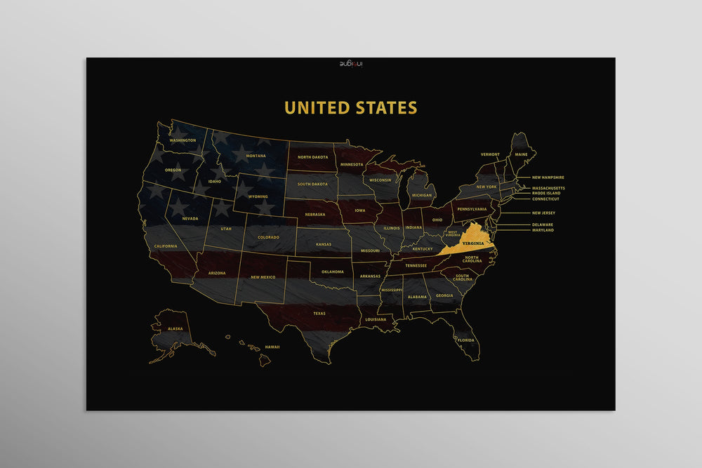 Virginia State Map — Haptic 3D Embossed Metal Wall Art rolled canvas preview D