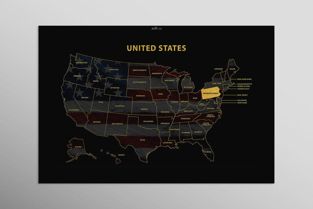 Pennsylvania State Map — Haptic 3D Embossed Metal Wall Art rolled canvas preview D