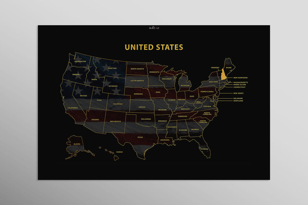 New Hampshire State Map — Haptic 3D Embossed Metal Wall Art rolled canvas preview D