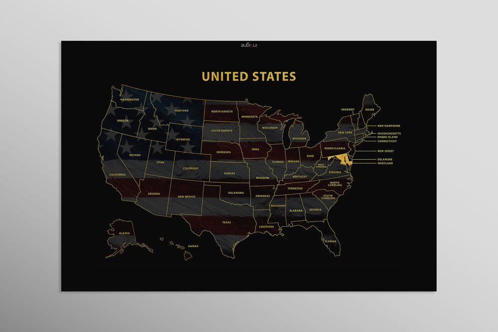 Maryland State Map — Haptic 3D Embossed Metal Wall Art rolled canvas preview D