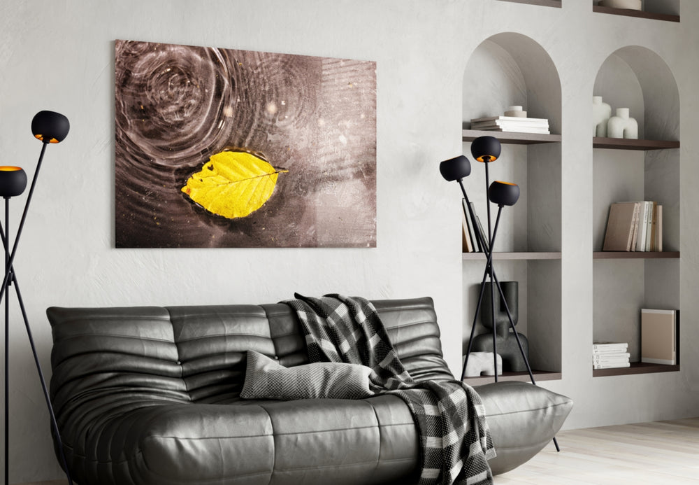 Yellow Leaf panel paired with a bedroom in soft daylight for a calm morning mood