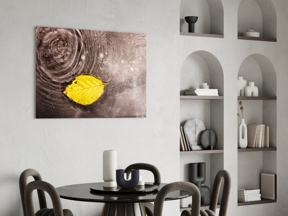 Yellow Leaf composition above a home office desk, adding quiet visual focus