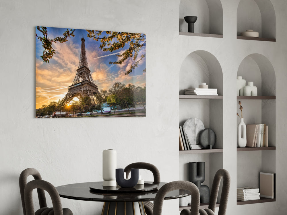 Eiffel Tower glass print enhancing a hallway with cinematic Parisian light