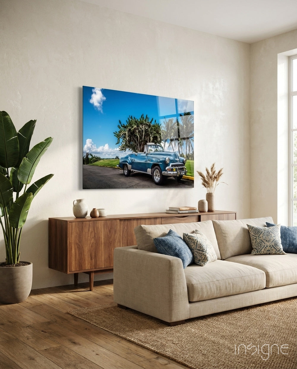 Chevrolet Classic Car glass wall art displayed above a console in a designer interior