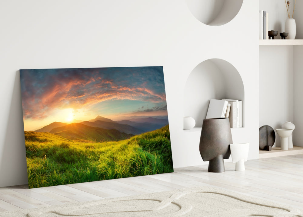 Valley glass wall art styled above a modern sofa in a neutral living room