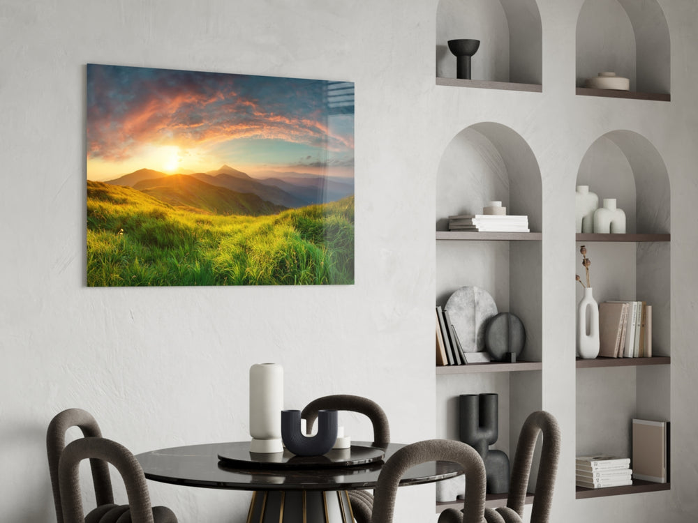 Valley glass print enhancing a hallway with open-horizon warmth