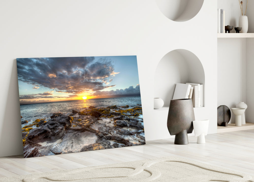 Sea View glass wall art styled above a modern sofa in a neutral living room