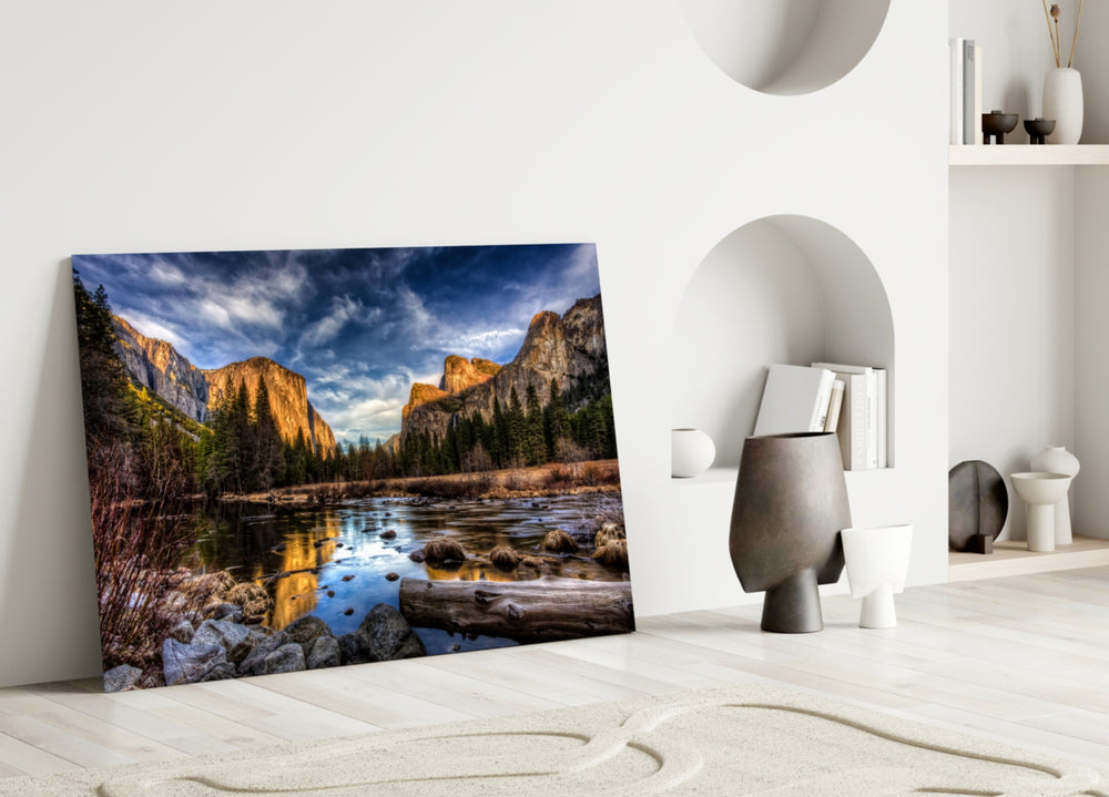 Lake glass wall art styled above a sofa in a nature-inspired living room