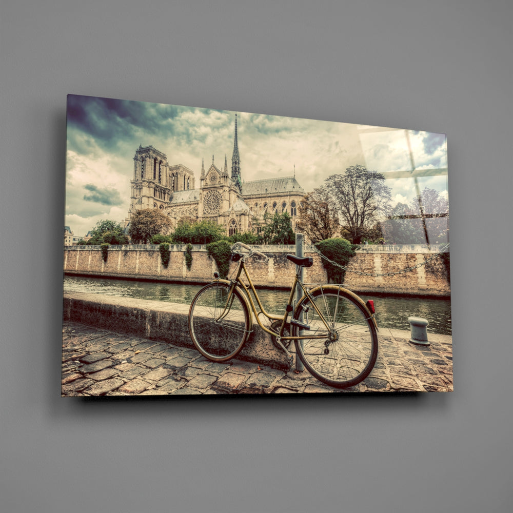 Close-up detail of the vintage bicycle with Notre-Dame across the Seine