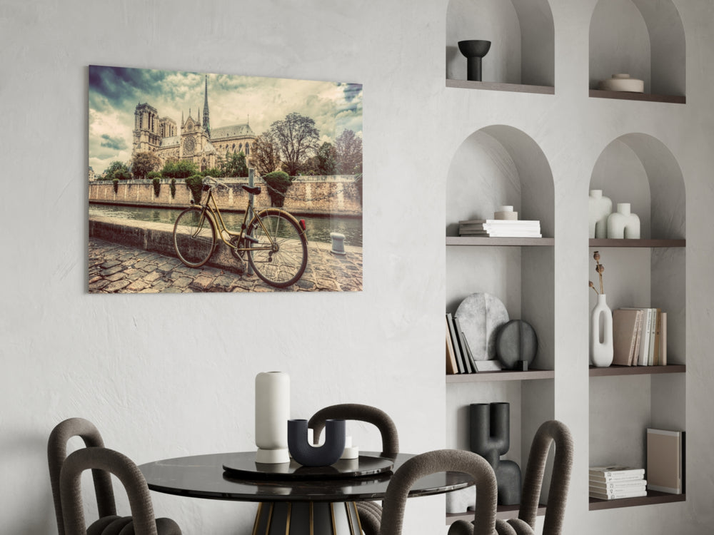 Bicycle glass print enhancing a hallway with old-world European warmth