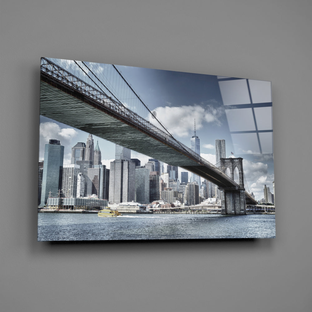 Close-up detail of the Brooklyn Bridge cables framing Manhattan