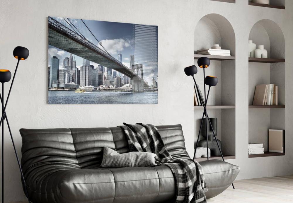 Manhattan Bridge panel adding cityscape mood to a contemporary office