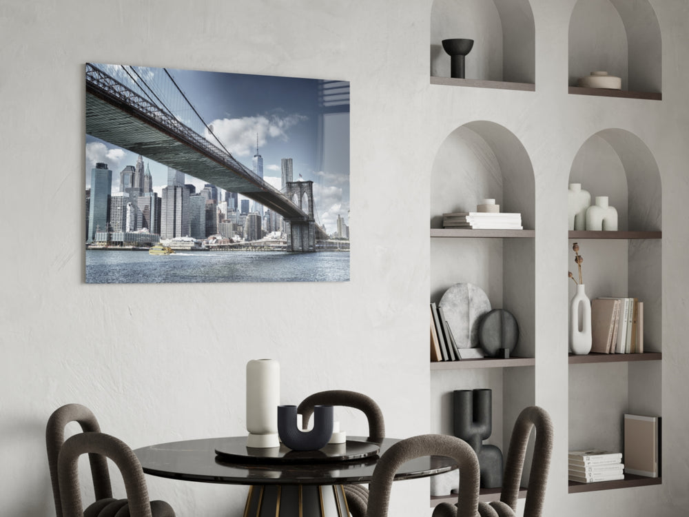 Manhattan Bridge glass print enhancing a hallway with architectural warmth