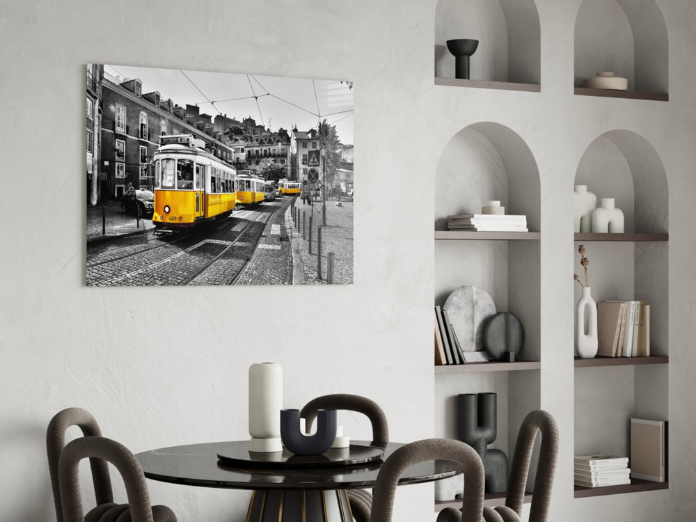 Yellow Tram glass print enhancing a dining area with cinematic mood