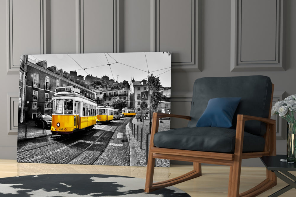 Yellow Tram artwork anchoring a study or home office wall