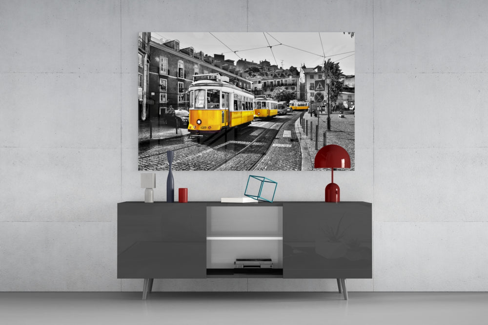 Yellow Tram Lisbon Glass Wall Art | Full Tempered Glass Panel View