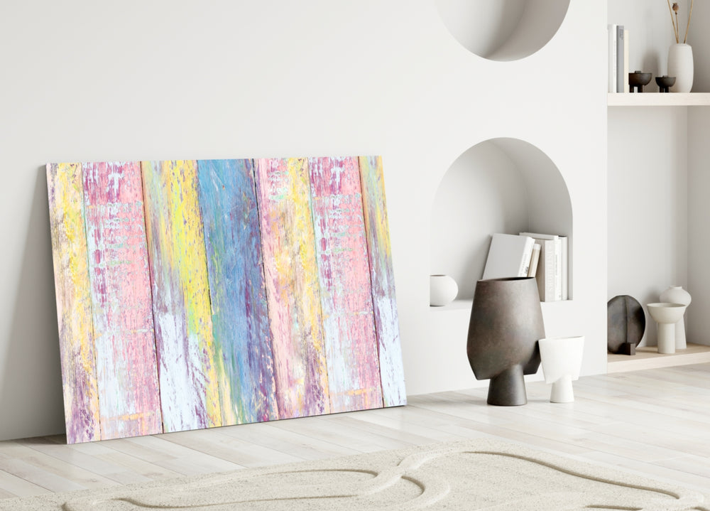 Painted Wood glass wall art styled above a bed in a soft, calm bedroom
