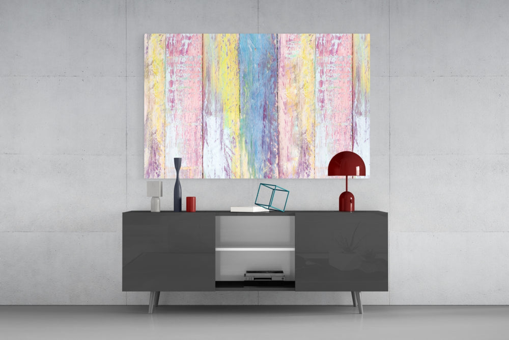 Colorful pastel painted wood glass wall art flat view