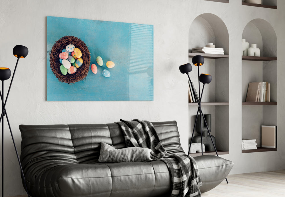 Easter Egg panel adding seasonal color to a sunlit hallway