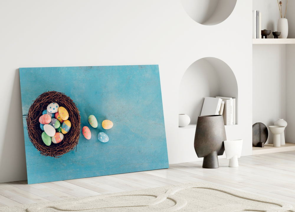 Easter Egg glass wall art styled above a dining counter in a bright kitchen