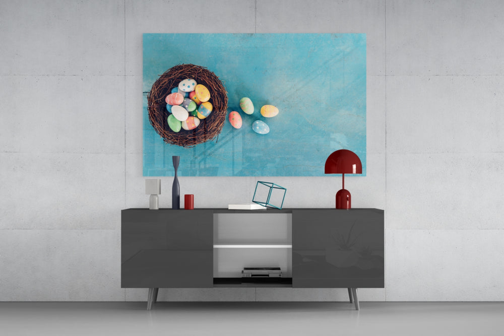 Easter eggs in nest glass wall art flat view